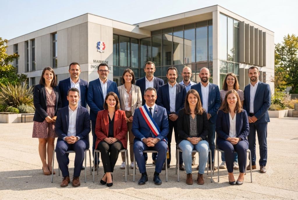 photo officielle de l'équipe municipale devant la mairie